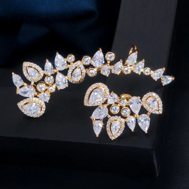 CZ Rainbow Color Water Drop Long Asymmetrical Ear Climber Clamp Cuff Stud Earrings for Wife Sister Gift Unique Design