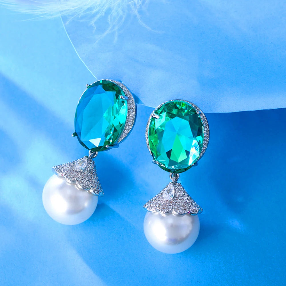 Glamorous Cubic Zircon Green Crystal Imitation Pearl Banquet Party Dangle Drop Earrings for Women Appointment Jewelry