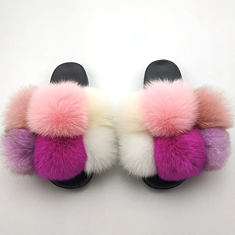 Woman Elegantes Adjustable Slides Fluffy Platform Sandal Rainbow Faux Fur Slippers