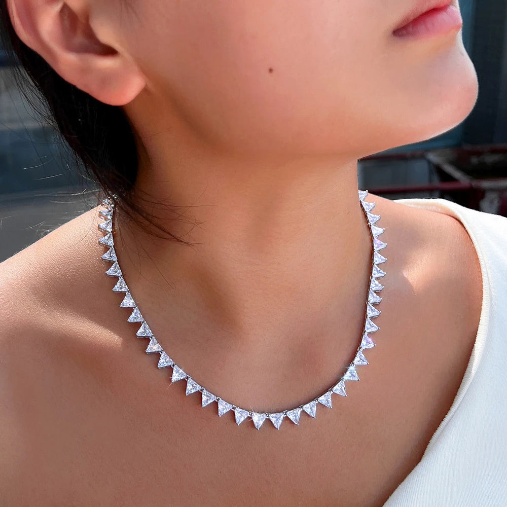 New Fashion Shiny White Triangle Shape Cubic Zirconia Bridal Wedding Tennis Necklace for Women Elegant Daily Party Jewelry