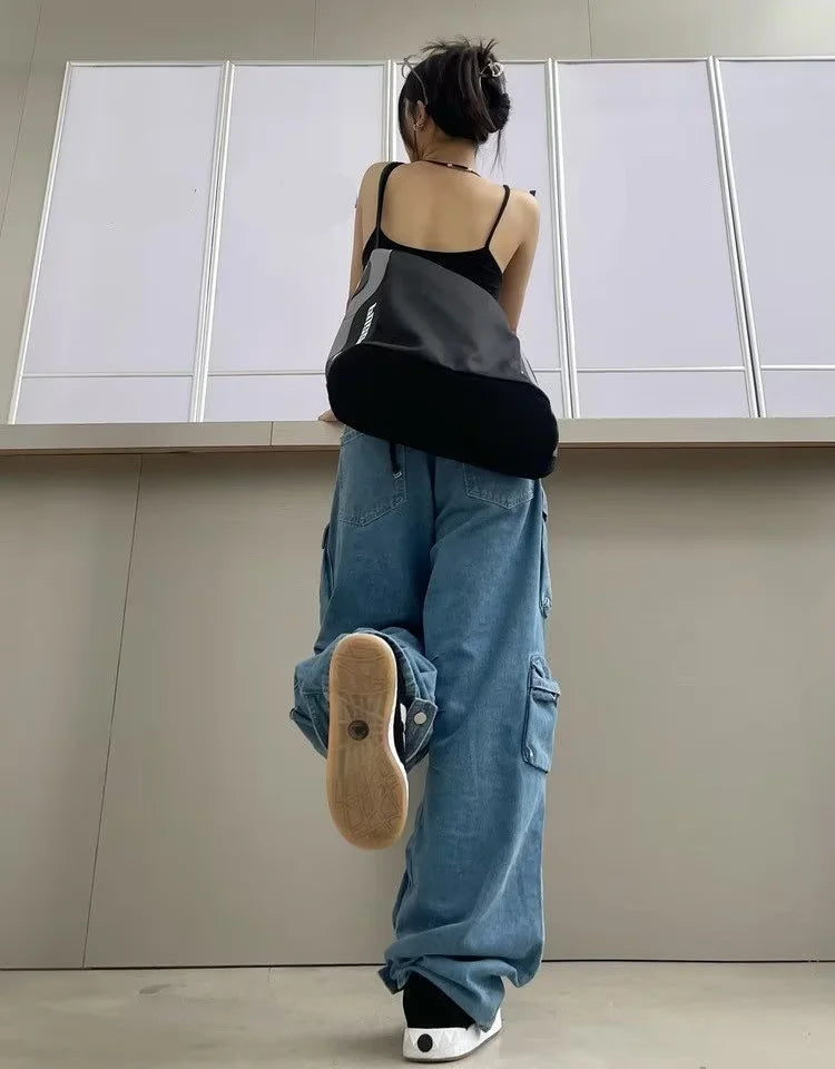 Girls Loose Overall Denim Jeans Big Pockets Hip-hop Streetwear Zipper Button Trousers Long Pants Fashion Casual Jeans