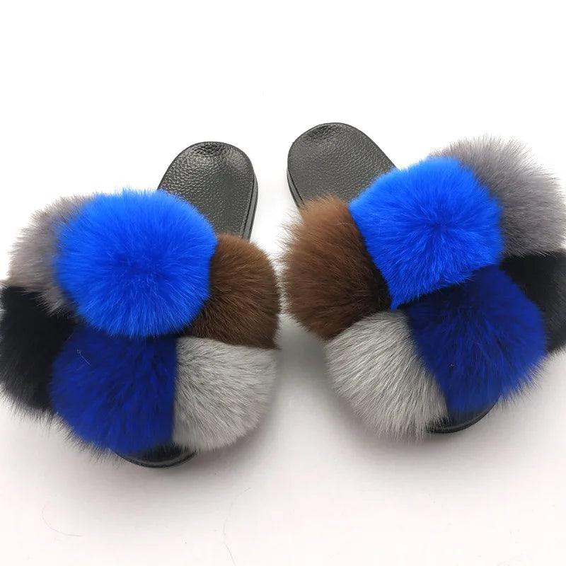 Woman Elegantes Adjustable Slides Fluffy Platform Sandal Rainbow Faux Fur Slippers
