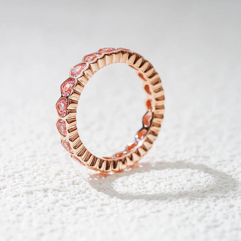 MomentWill 10k 14k Rose Gold Heart-Shape Eternity Diamond Rings Women Solid Vintage Gemstone Jewelry with Bezel Setting