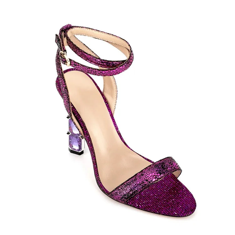 Sandalias Femme Latest Fashion Women Diamonds Heel Dress Shoes Open Toe Chunky Heel Bling Ankle Strap Heeled Sandals for Ladies