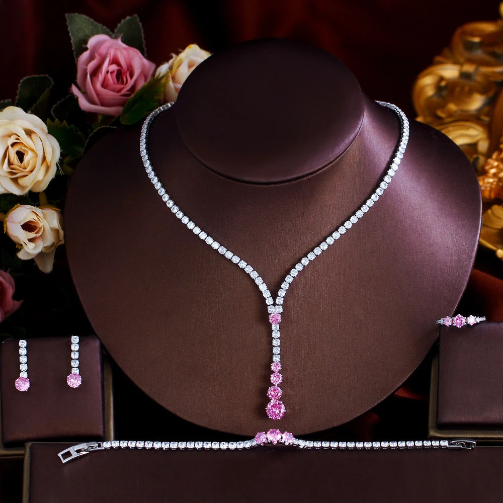 4pcs Glittering Cubic Zircon White Pink Necklace Earrings Bracelet and Ring Wedding Bridal Jewelry Set for Women Party Accessory