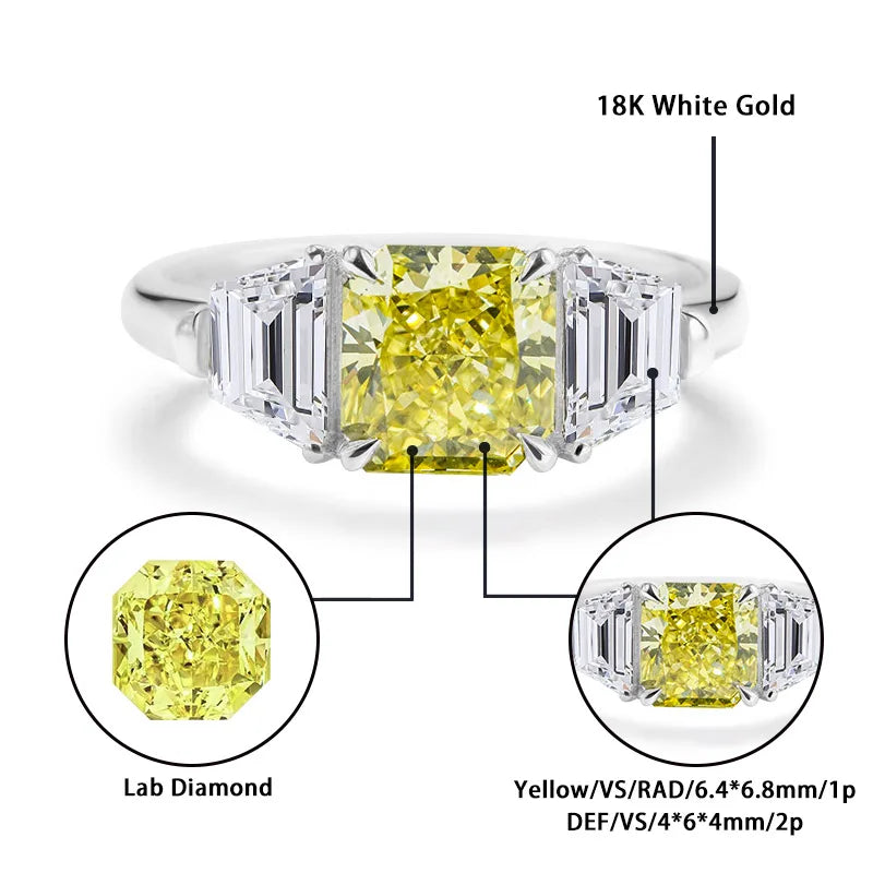 MomentWill 18K White Gold Lab Grown Diamond Rings with Radiant Cut Yellow Color DEF Trapezoid VS Lab Diamonds