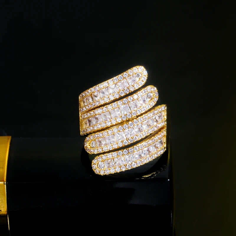 Luxury Dubai Gold Silver Color Cubic Zirconia Big Resizable Ring for Women Cocktail Party Jewelry Accessories