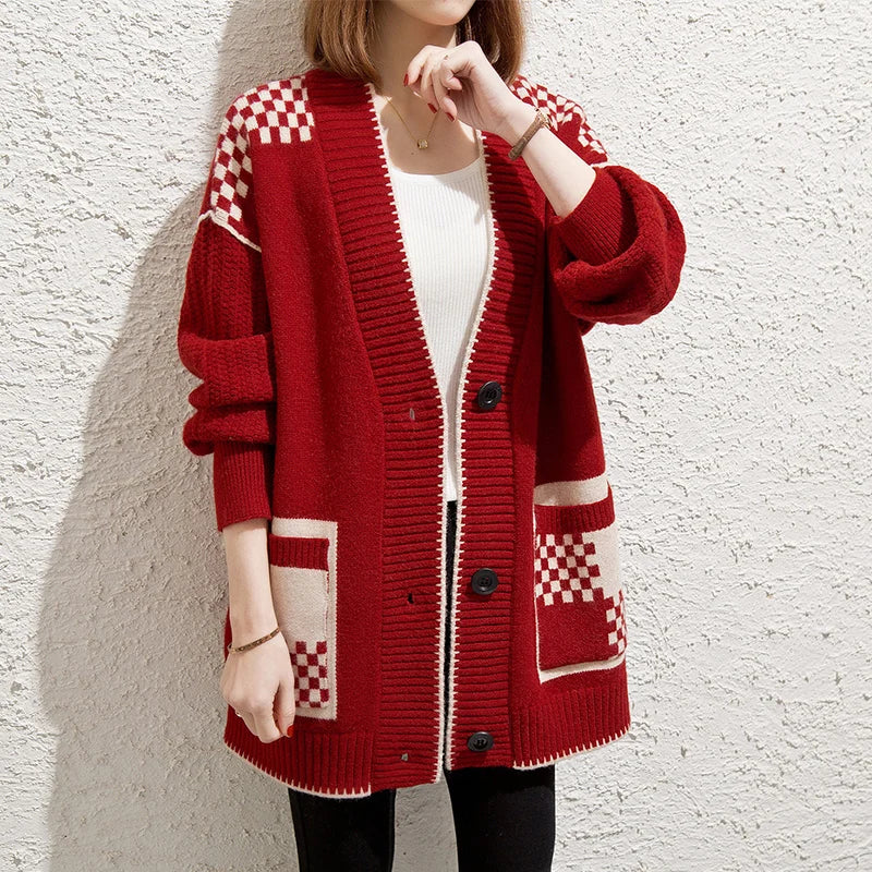 New Fashion Women Midi Long Sweater Knitwear Cardigan Coat Outside Loose Button Pocket Knitting Sweater