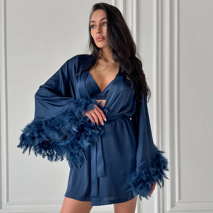 High Quality Feather Women Sexy Lingerie Robe Seductive Women Pajamas Set Women's Underwear Pajamas