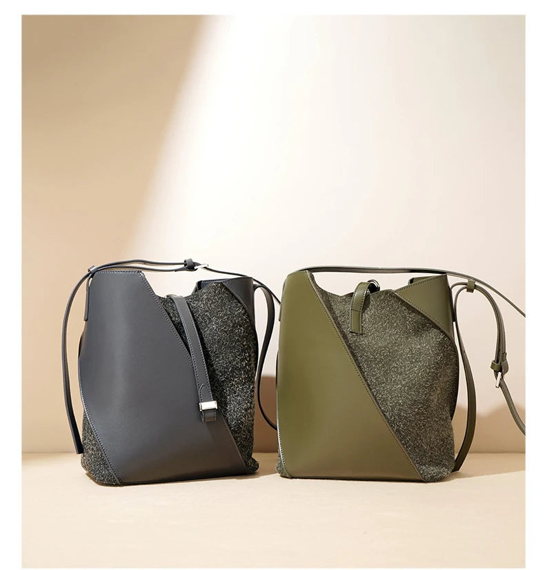 Large Capacity Genuine Cowhide Leather Bucket Bag Fashion Trendy Suede Shoulder Purse for Ladies Soft Vintage Style for Summer