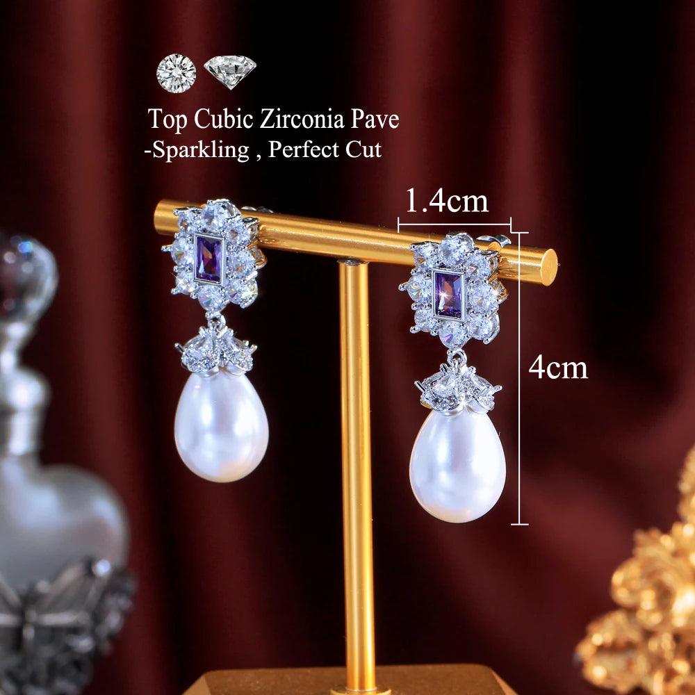 Romantic Purple Cubic Zirconia Imitation Pearl Long Dangle Drop Earrings for Women Daily Wear Special Occasions
