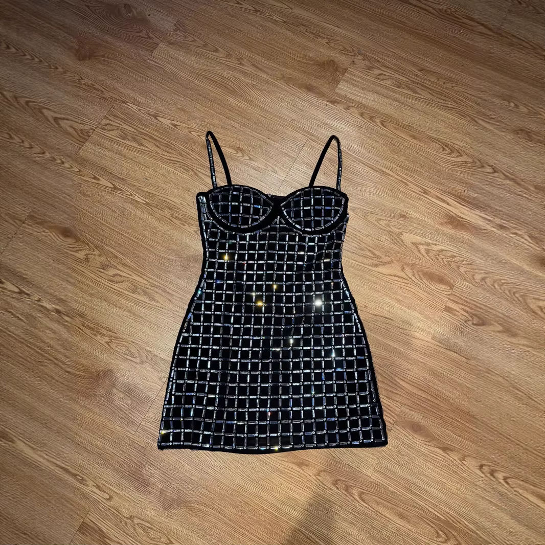 Luxury Rhinestone Grid Strapless Bodycon Mini Bandage Dress Party Club Evening Gala Dinner Black Birthday Dresses