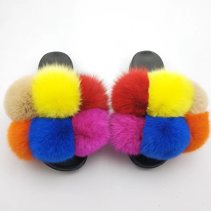 Woman Elegantes Adjustable Slides Fluffy Platform Sandal Rainbow Faux Fur Slippers