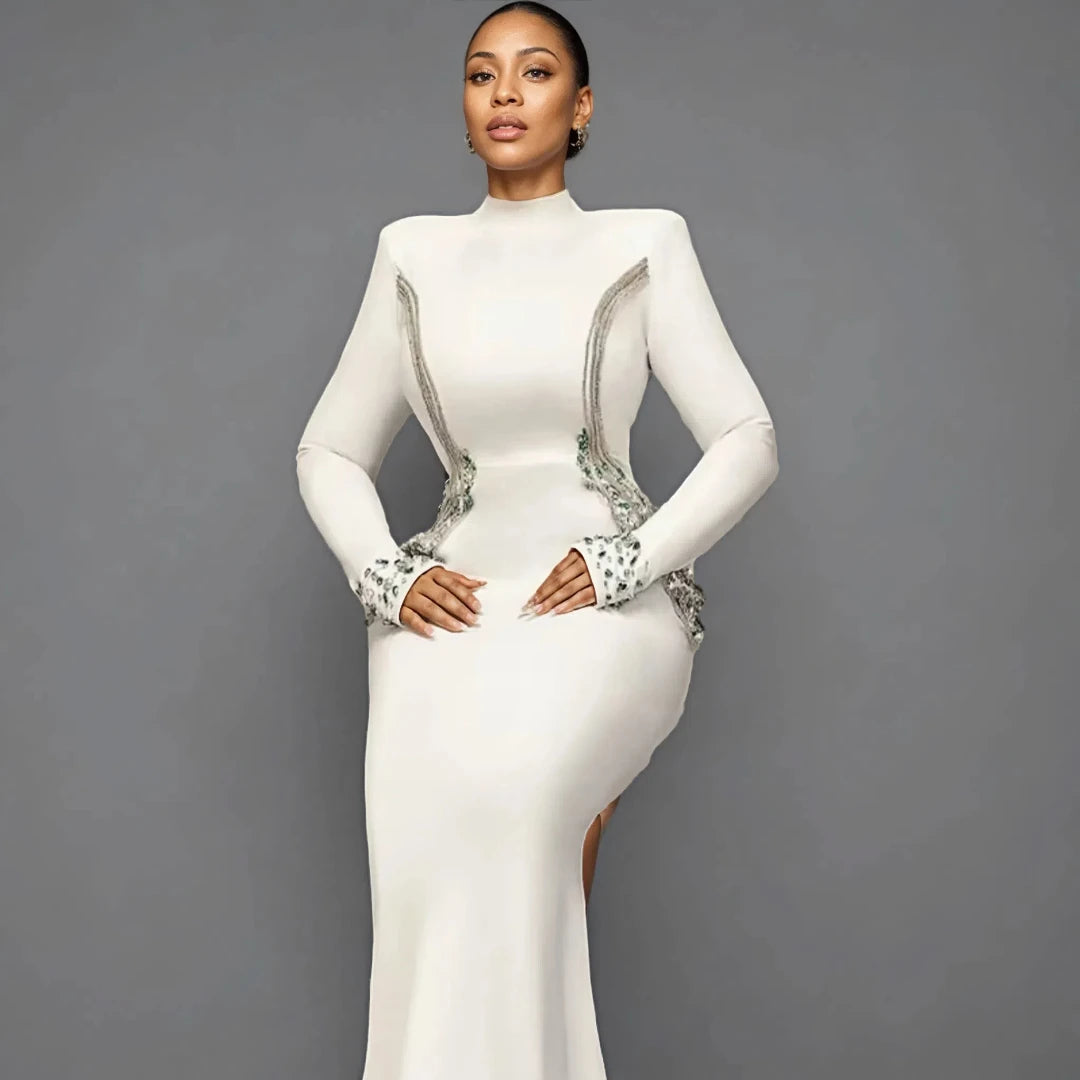 Fashion High End Luxury Bandage Evening Dresses Women Full Sleeve Rhinestone Bodycon Formal Gown Dress