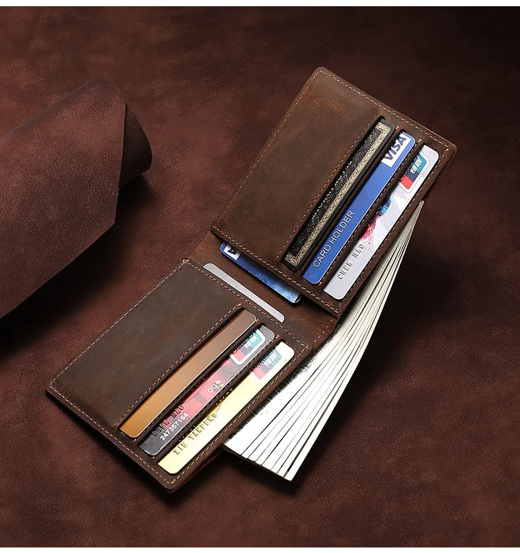 Vintage Style Men's Genuine Leather Wallet Quality Coin Pocket Snap Leather Zip Wallet Short Length for Credit Cards