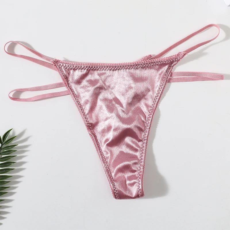 2Pcs/Set Women Panties Low Waist G-string Satin Underwear Female Underpants Solid Color Panty Sexy Lingerie Thongs