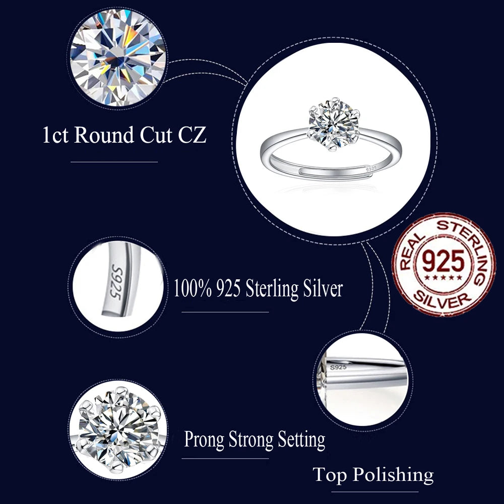 Shiny Pretty 6.5mm Cubic Zircon Crystal S925 Sterling Silver Adjustable Weddings Engagement Ring for Women Finger Jewelry