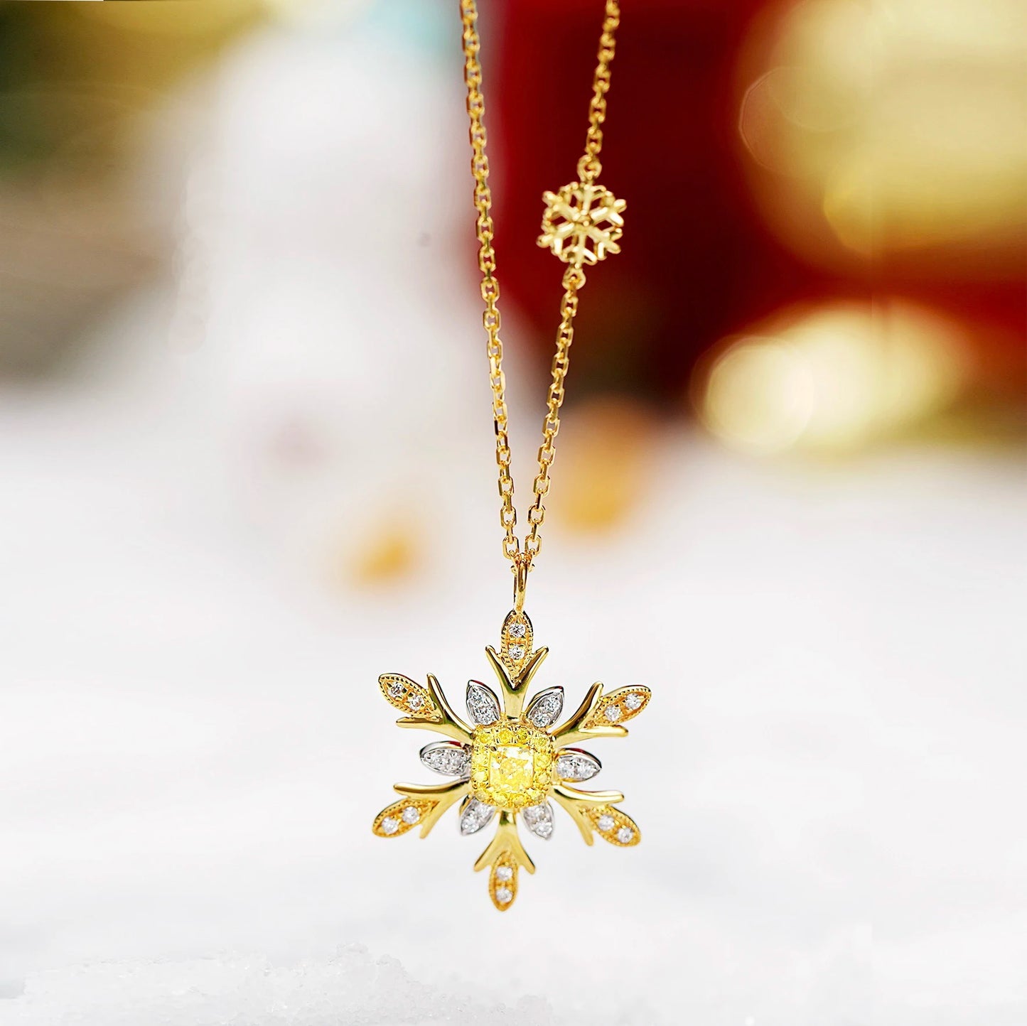 New Best Design Solid 18k Gold Necklace Real Yellow Diamond Necklace Snowflake Necklace with Adjustable Custom for Christmas