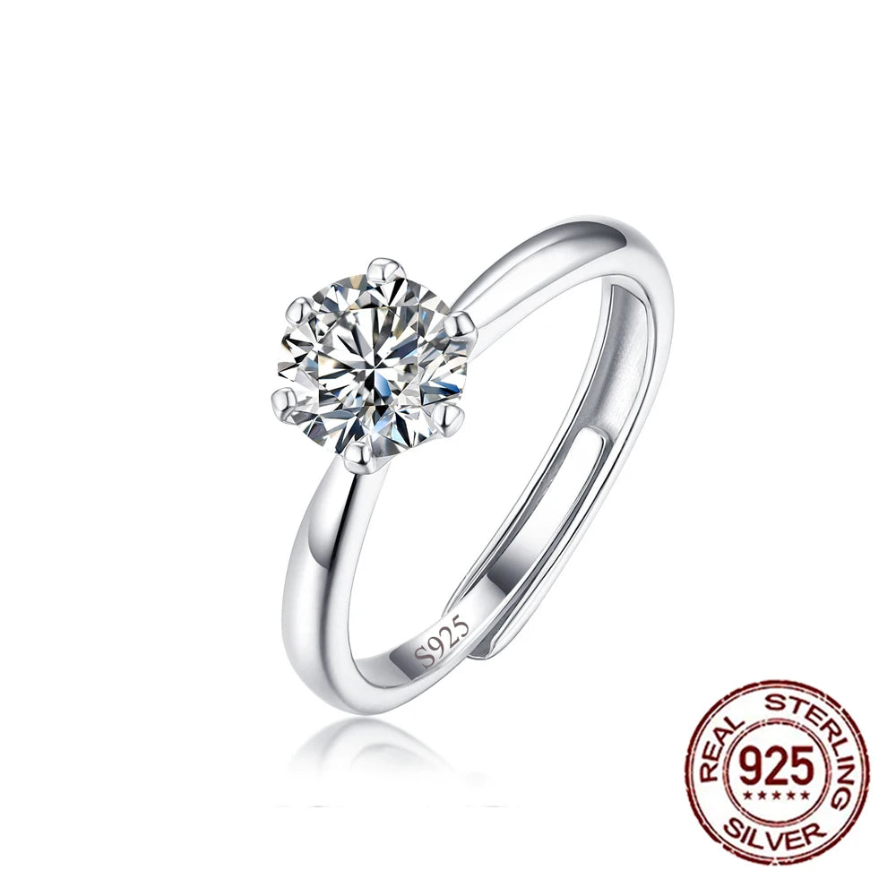 Shiny Pretty 6.5mm Cubic Zircon Crystal S925 Sterling Silver Adjustable Weddings Engagement Ring for Women Finger Jewelry