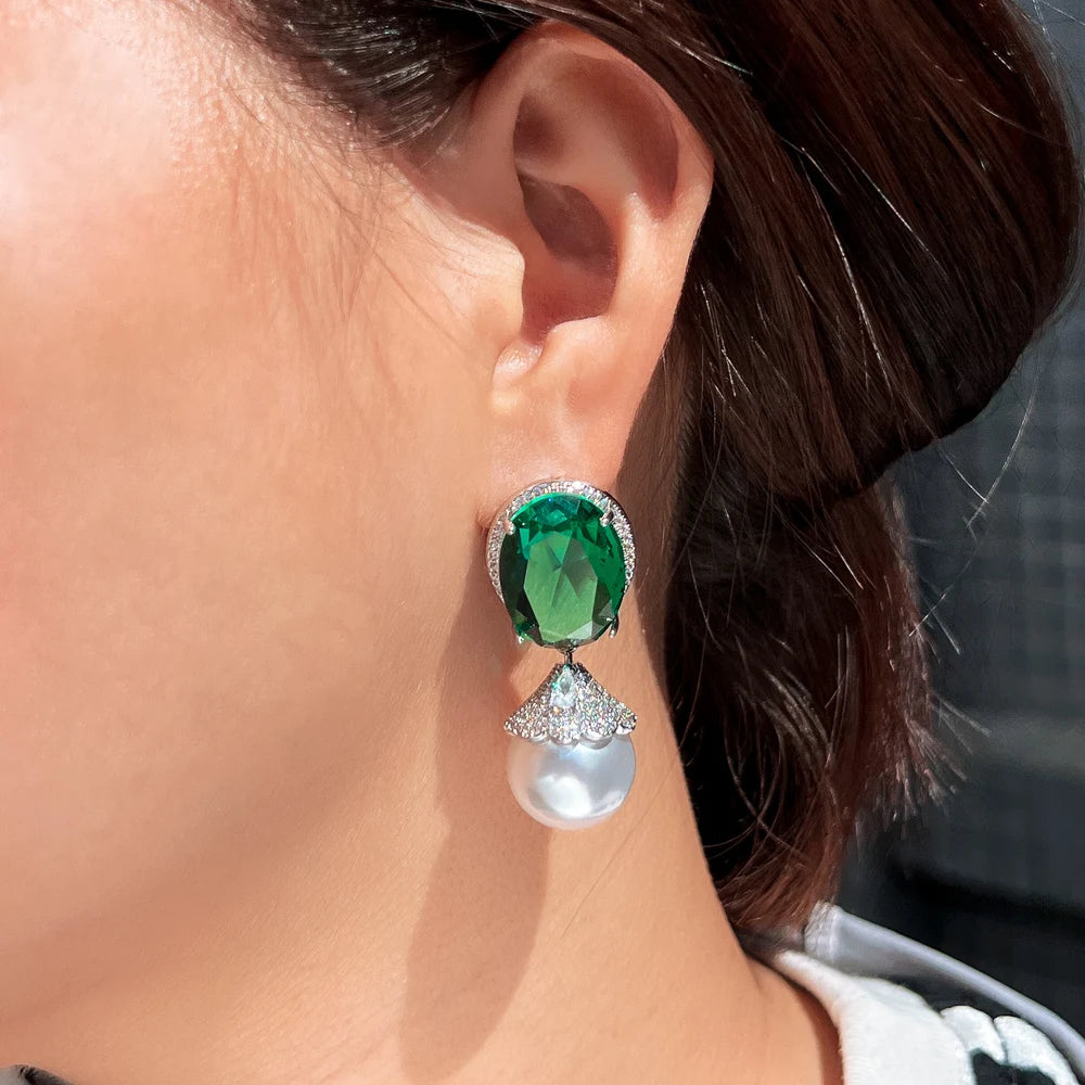 Glamorous Cubic Zircon Green Crystal Imitation Pearl Banquet Party Dangle Drop Earrings for Women Appointment Jewelry