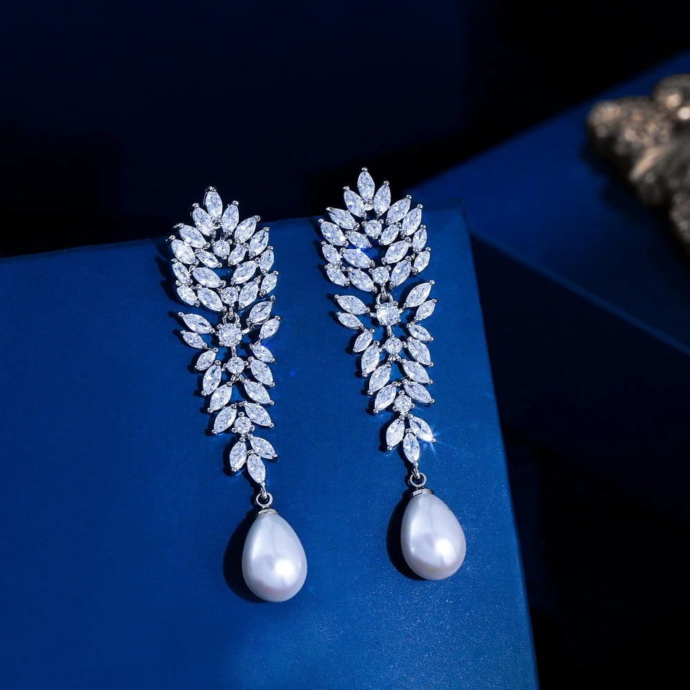 Elegant Shiny Marquise Cut Cubic Zirconia Long Leaf Drop Simulated Pearl Bridal Wedding Party Drop Earrings for Women Jewelry