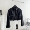 2025 Autumn New Zipper Women's Motorcycle Short Padded Shoulder Jacket Female Long Sleeve Leather Coat