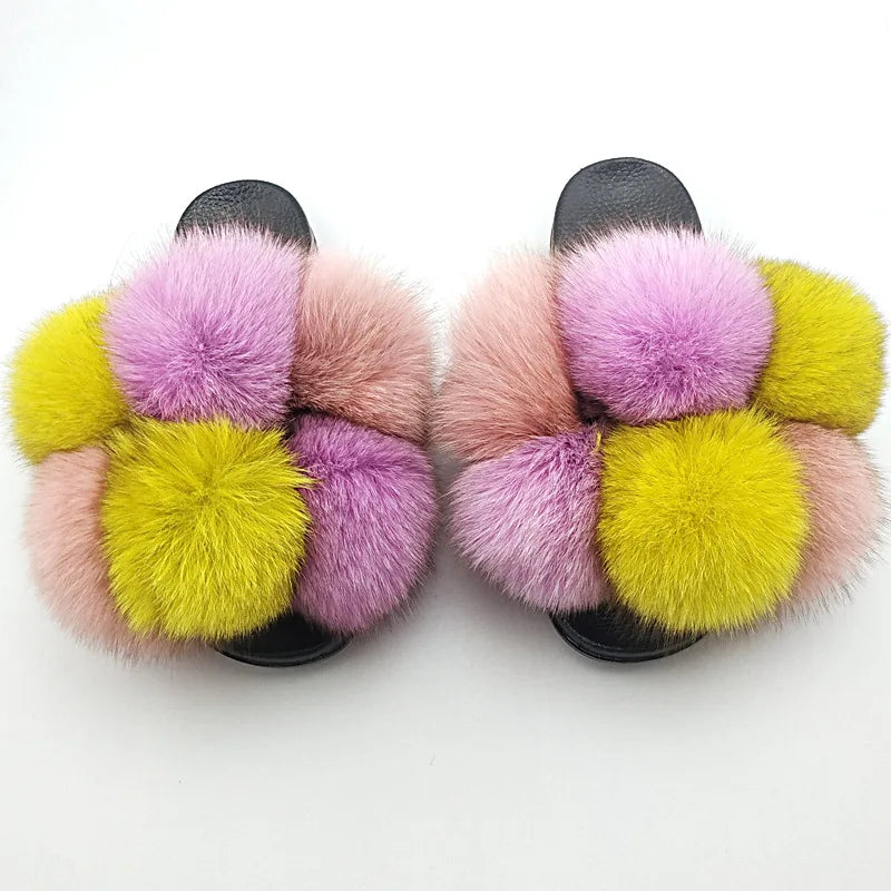Woman Elegantes Adjustable Slides Fluffy Platform Sandal Rainbow Faux Fur Slippers