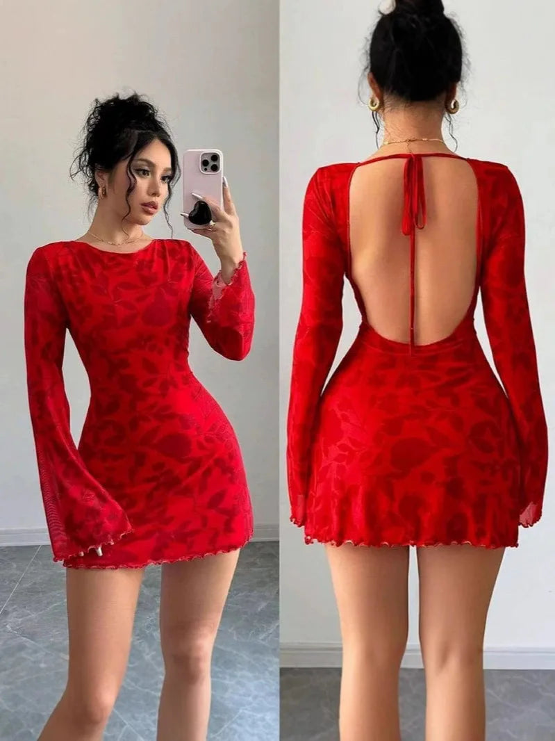 Flared Long Sleeve Women Short Dresses Slim Waist Fashion Backless Lace-up O-neck Sexy Women's Casual Short Dress