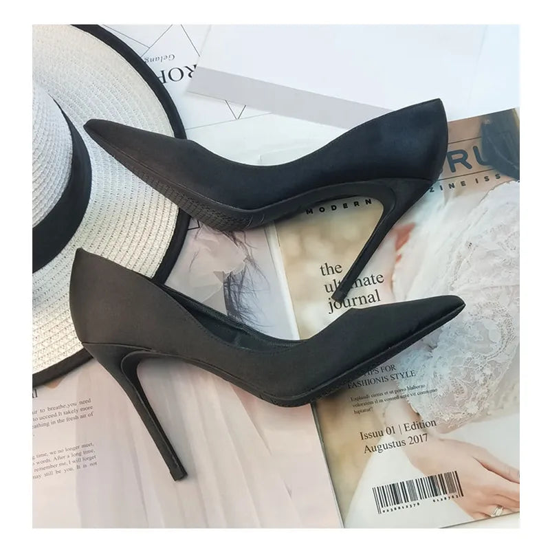 Shoes 6cm 8cm 10cm Silk and Satin Patent Leather Thin High Heels Pointed-Toe Pumps for Women