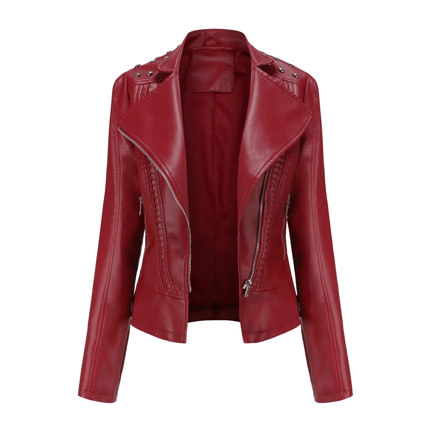 Ladies' Beaded Leather Jacket Women's Long-sleeved Fashion Jacket Thin Spring and Autumn Women's Leather Jacket with Lapel Coat