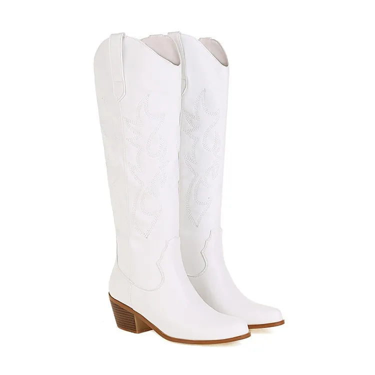 Women's Embroidered Western Cowboy Boots Knee High Stitching Almond Toe Medium Chunky Heel Pointy Toe Fashion Retro Classic Boot