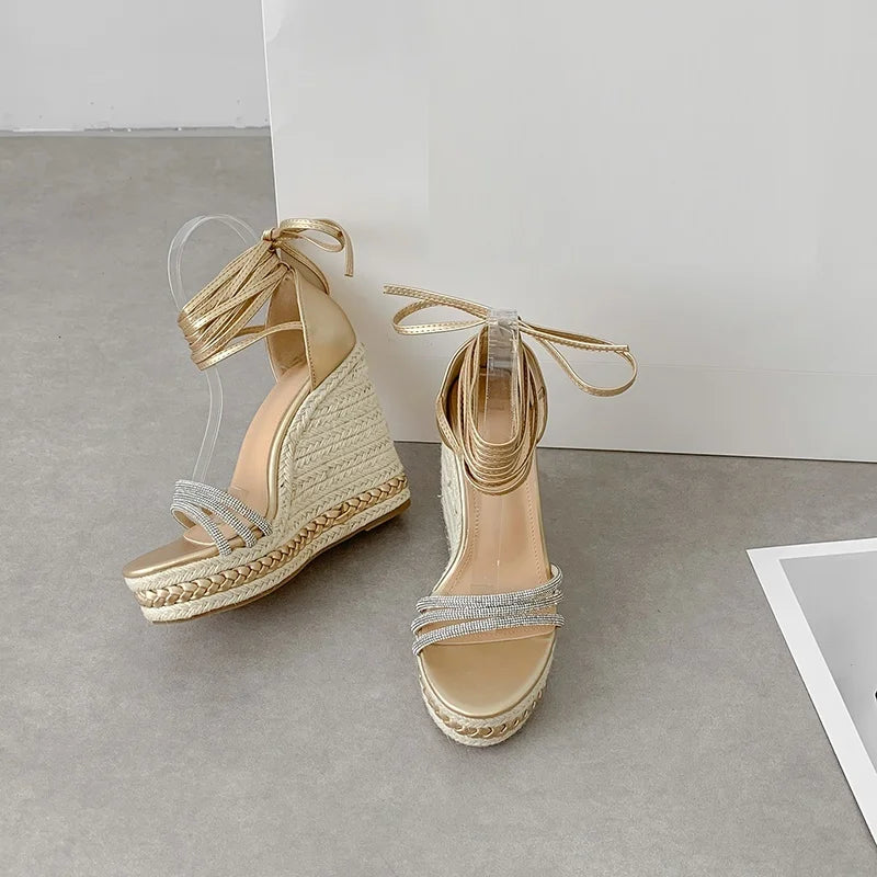 Women 2025 Sandals Open Toe Ladies Lace up Woven Shoes Platform High Heels