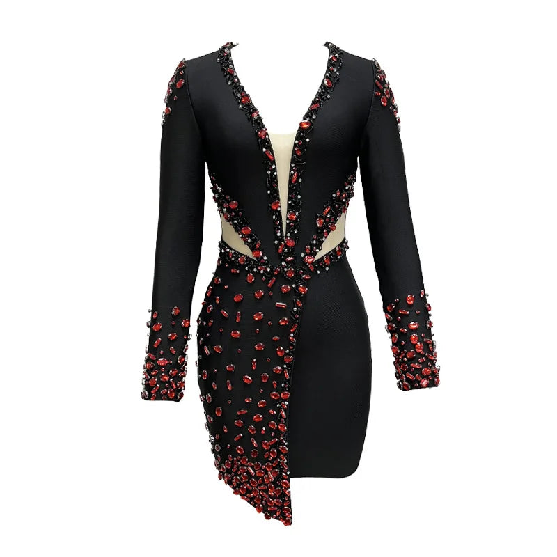 Trending Now Black Winter Long Sleeve Bandage Dress Beading Elegant Rhinestone Dresses Women