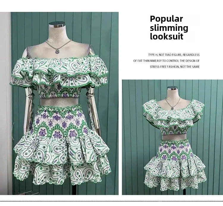 2025 Spring Summer New Lace Two Pieces Sets Off-Shoulder Crop Top + Flounce Hem Skirt Co-ord Set