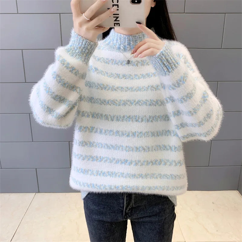 2025 Autumn Winter Women Sweet Sweater Fur Striped Stand Collar Warm Knitwear Loose Long Sleeve Pullover Tops Thick Knit Sweater