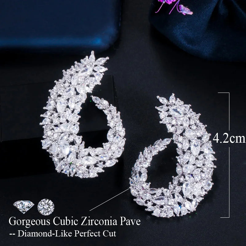 Sparkling Cubic Zirconia Silver Plated Women Big Flower Drop Earrings for Brides Wedding Jewelry Luxury Accessories