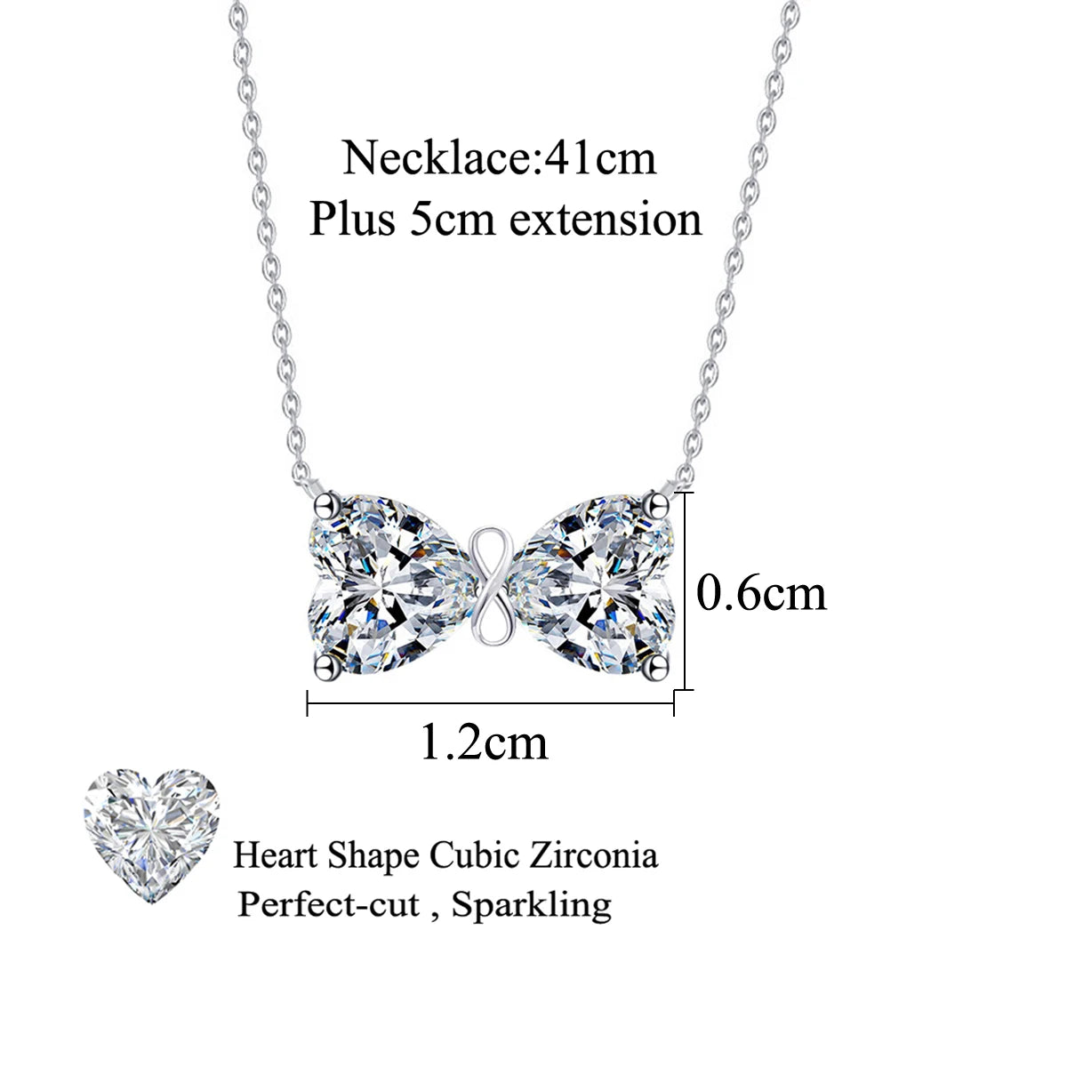 Sparkling S925 Sterling Silver Jewelry Heart Cubic Zirconia Romantic White Bow Pendant Necklace for Women Birthday Dating Gifts