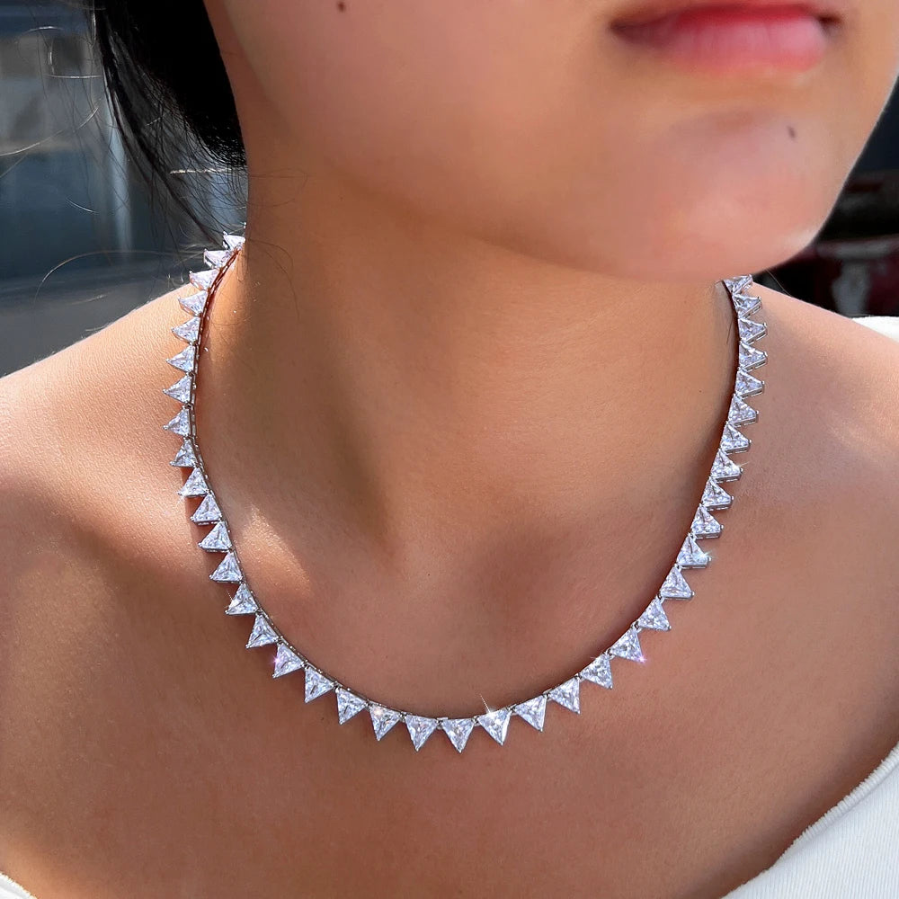 New Fashion Shiny White Triangle Shape Cubic Zirconia Bridal Wedding Tennis Necklace for Women Elegant Daily Party Jewelry