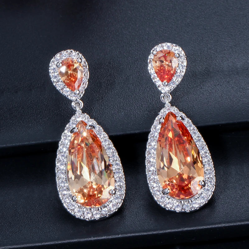 White Gold Plated Cubic Zirconia Crystal Long Tear Drop Dangling Bridal Earrings for Women Party Jewelry Gift with Safe Pin