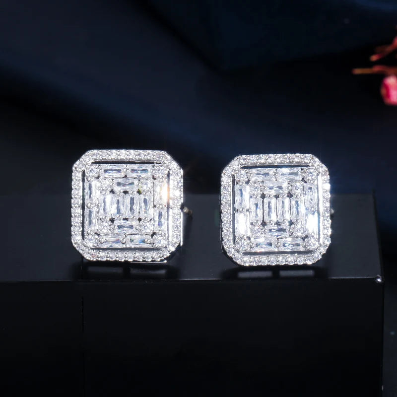 New Fashion Gorgeous Fancy Cubic Zirconia Big Square Stud Earring for Women White Gold Plated Wedding Bouquet Jewelry