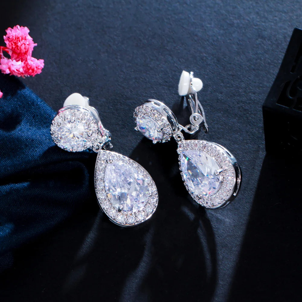 Non Pierced Ear Design Dangle Water Drop Cubic Zirconia Crystal Wedding Bridal Clip on Earring Without Piercing