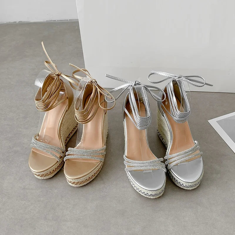 Women 2025 Sandals Open Toe Ladies Lace up Woven Shoes Platform High Heels
