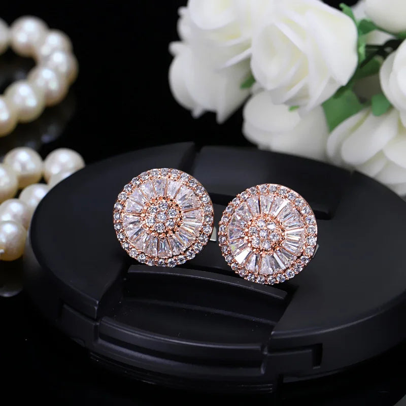 Noble Romantic Dark Blue Crystal Jewelry Luxury Round Cubic Zircon Wedding Big Stud Earrings for Women Party Gift