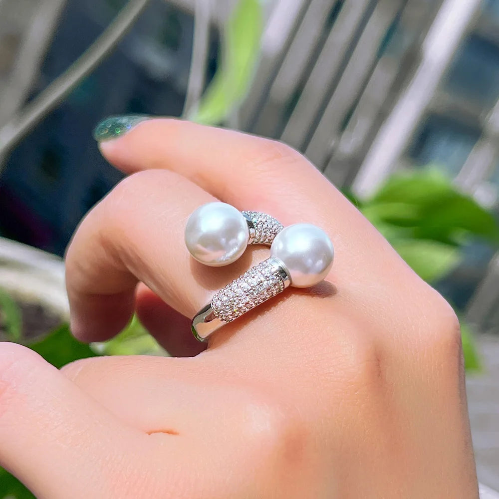 Adjustable Shiny Cubic Zirconia Paved Double Big Pearl Finger Rings for Women Party Engagement Anniversary Weeding Jewelry