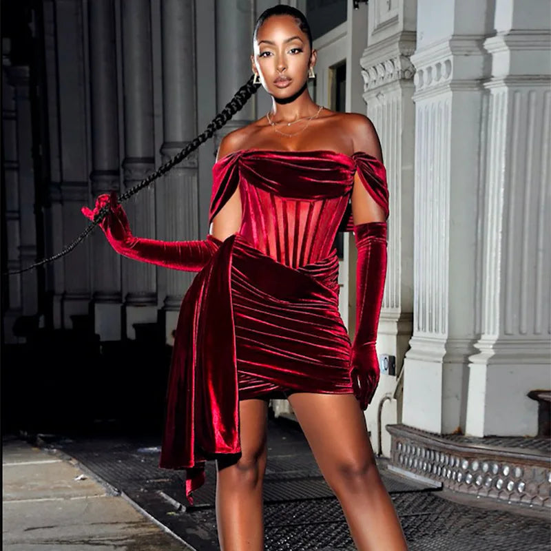 Newest Christmas Red Off Shoulder Pleated Dress Women Mini Dress Lady Slim Fit Party Dress
