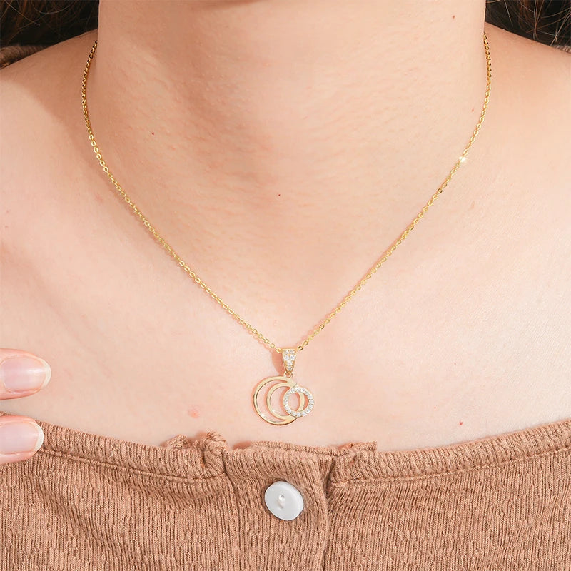 Trendy Design 14K Real Gold Zircon Diamond 3 Clrcle Pendant Necklace Solid Jewelry for Women with 925 Silver Chain