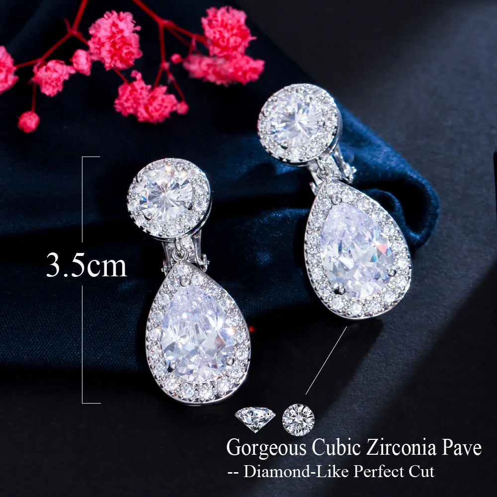 Non Pierced Ear Design Dangle Water Drop Cubic Zirconia Crystal Wedding Bridal Clip on Earring Without Piercing