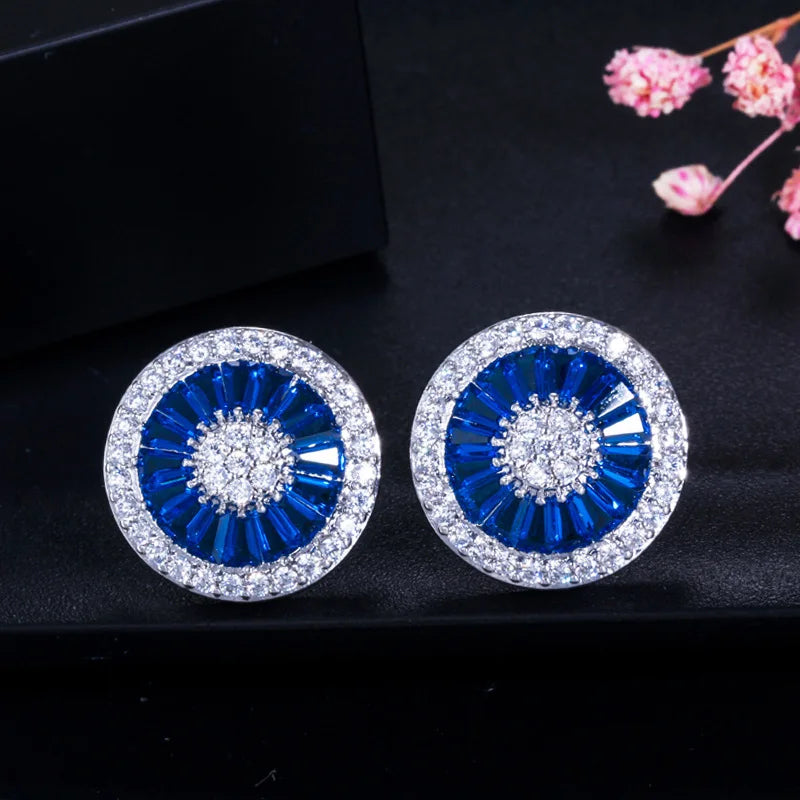 Noble Romantic Dark Blue Crystal Jewelry Luxury Round Cubic Zircon Wedding Big Stud Earrings for Women Party Gift