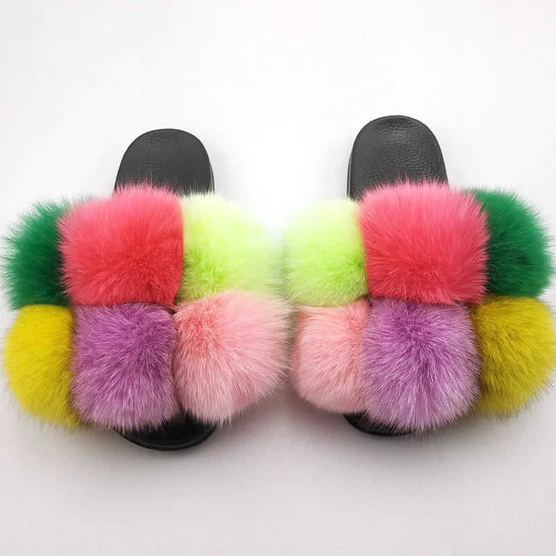 Woman Elegantes Adjustable Slides Fluffy Platform Sandal Rainbow Faux Fur Slippers