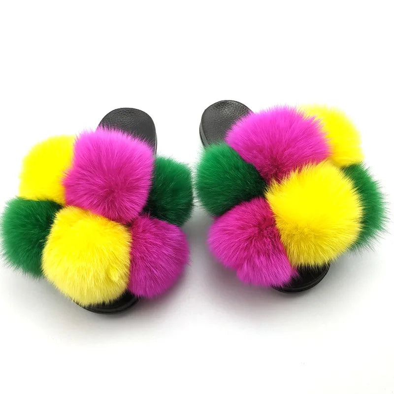 Woman Elegantes Adjustable Slides Fluffy Platform Sandal Rainbow Faux Fur Slippers